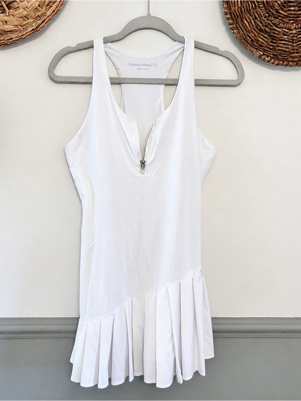 Outdoor Voices White Zip-Front Pleated-Hem Mini Dress